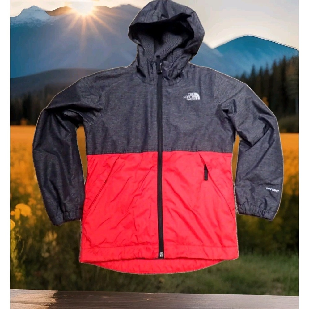The North Face DryVent Jacket Boys 7/8 Grey Red Good Hooded Fleece‎ Lined Zip